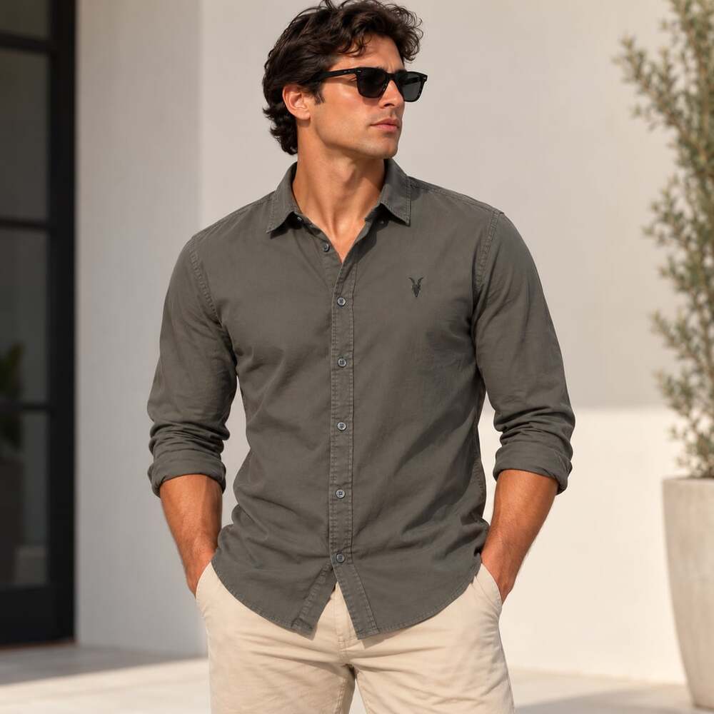 AllSaints Ramskull Long Sleeve Cotton Casual Shirt Charcoal Grey Size Medium